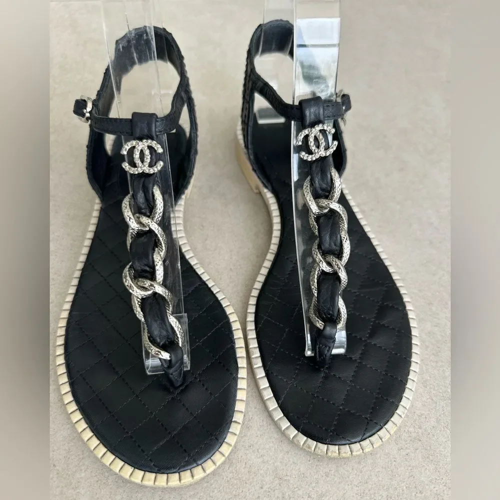 Chanel CC Logo Chainlink Quilted Black Leather Flat Ankle T- Strap Sandals Sz 37 - Picture 10 of 11